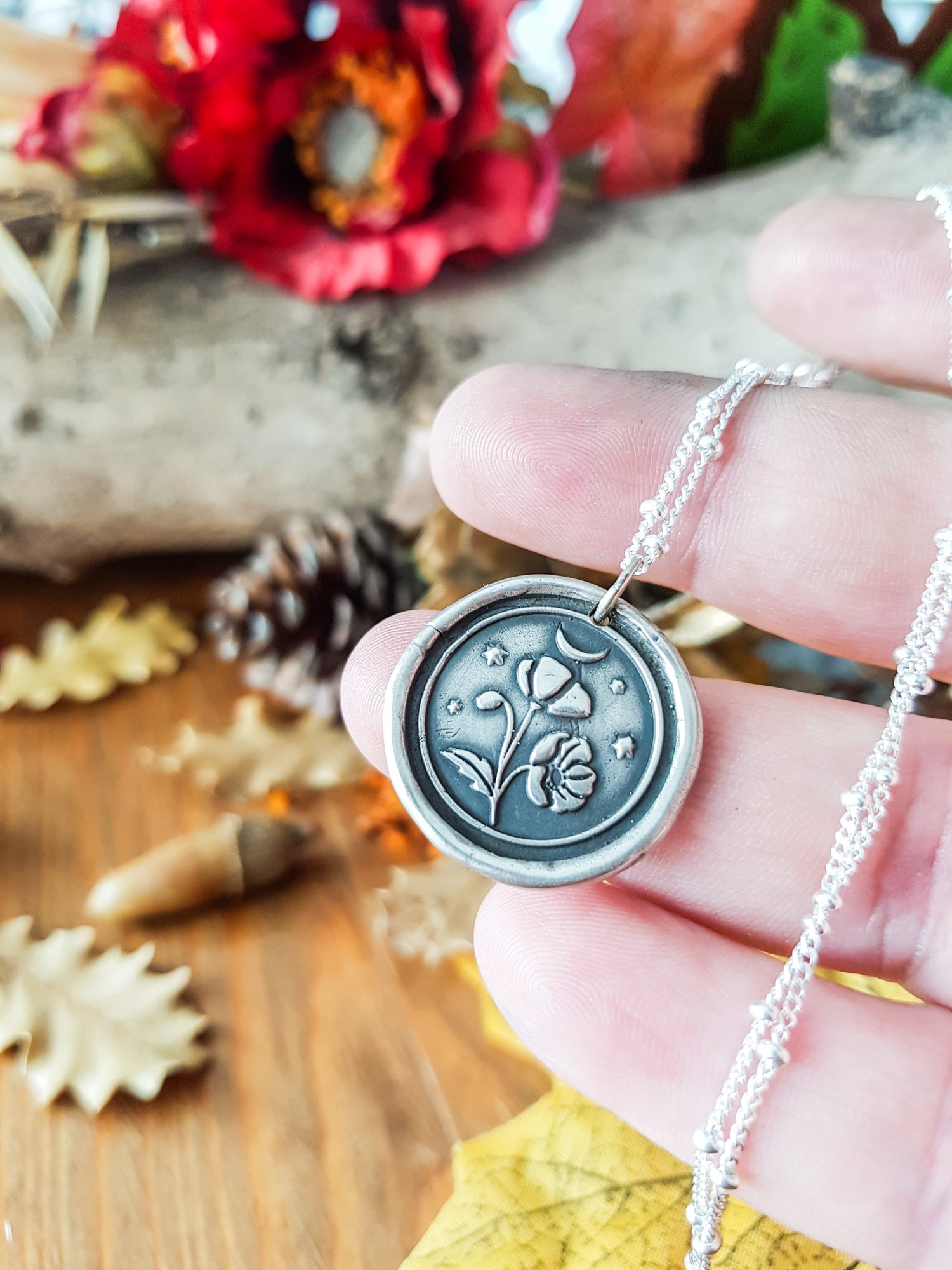 Floral Pendant Necklace POPPY PAPAVER TALISMAN STERLING SILVER AMULET HERBAL FLORAL NECKLACE PENDANT MOON STARS WITCH