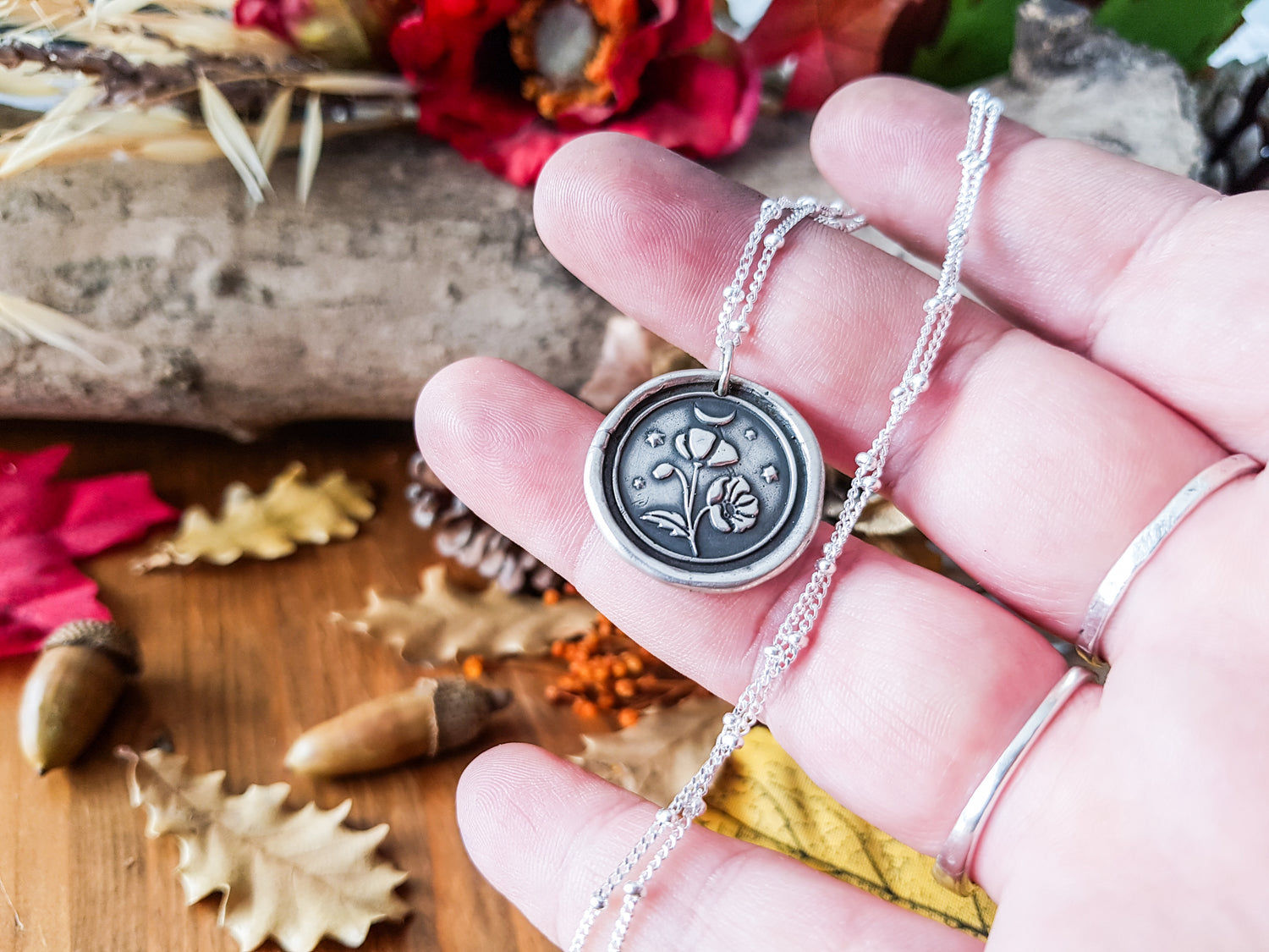 Floral Pendant Necklace POPPY PAPAVER TALISMAN STERLING SILVER AMULET HERBAL FLORAL NECKLACE PENDANT MOON STARS WITCH