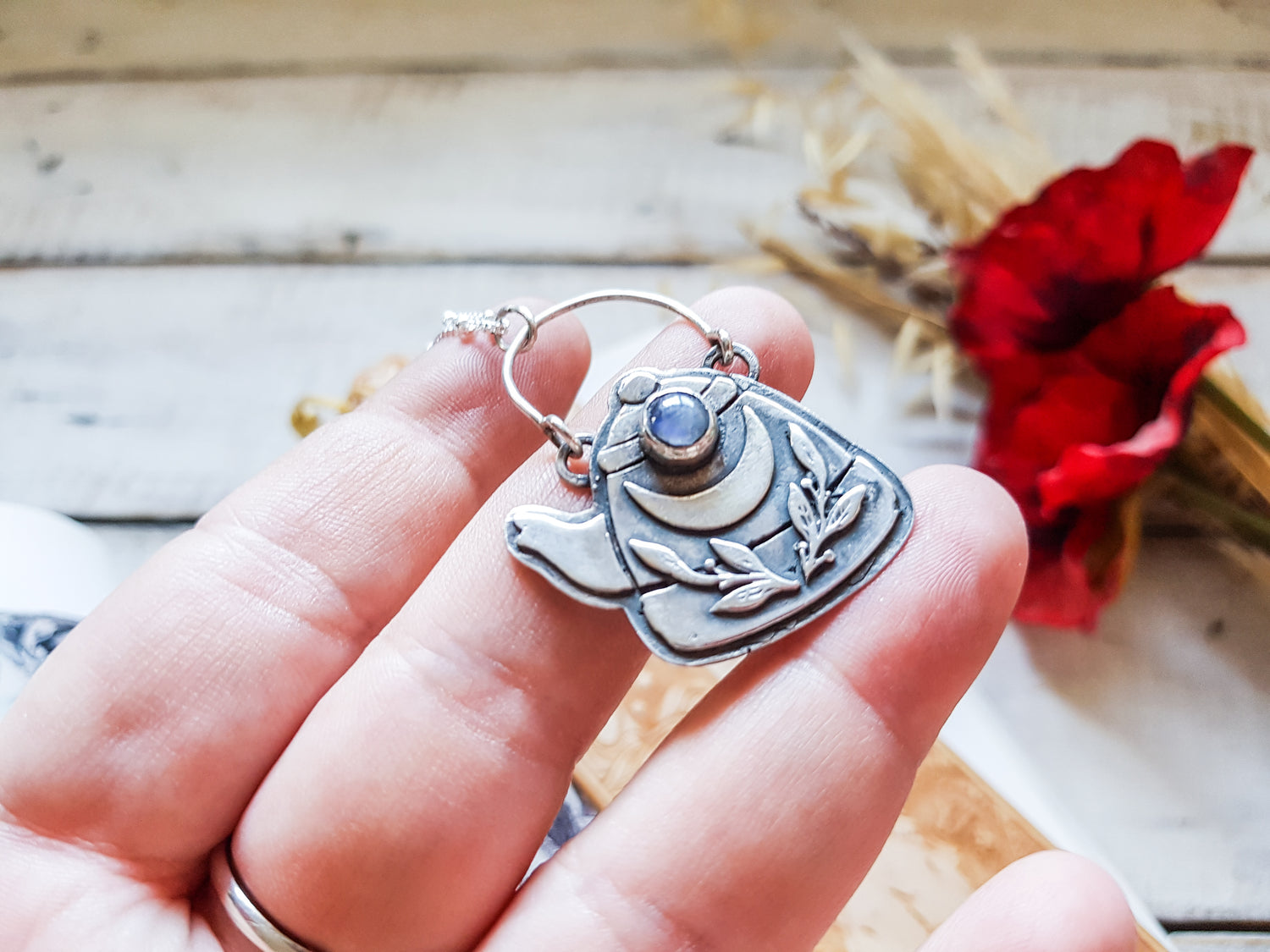 925 Sterling Silver Pendant Necklace TEAPOT GEMSTONE TALISMAN STERLING SILVER