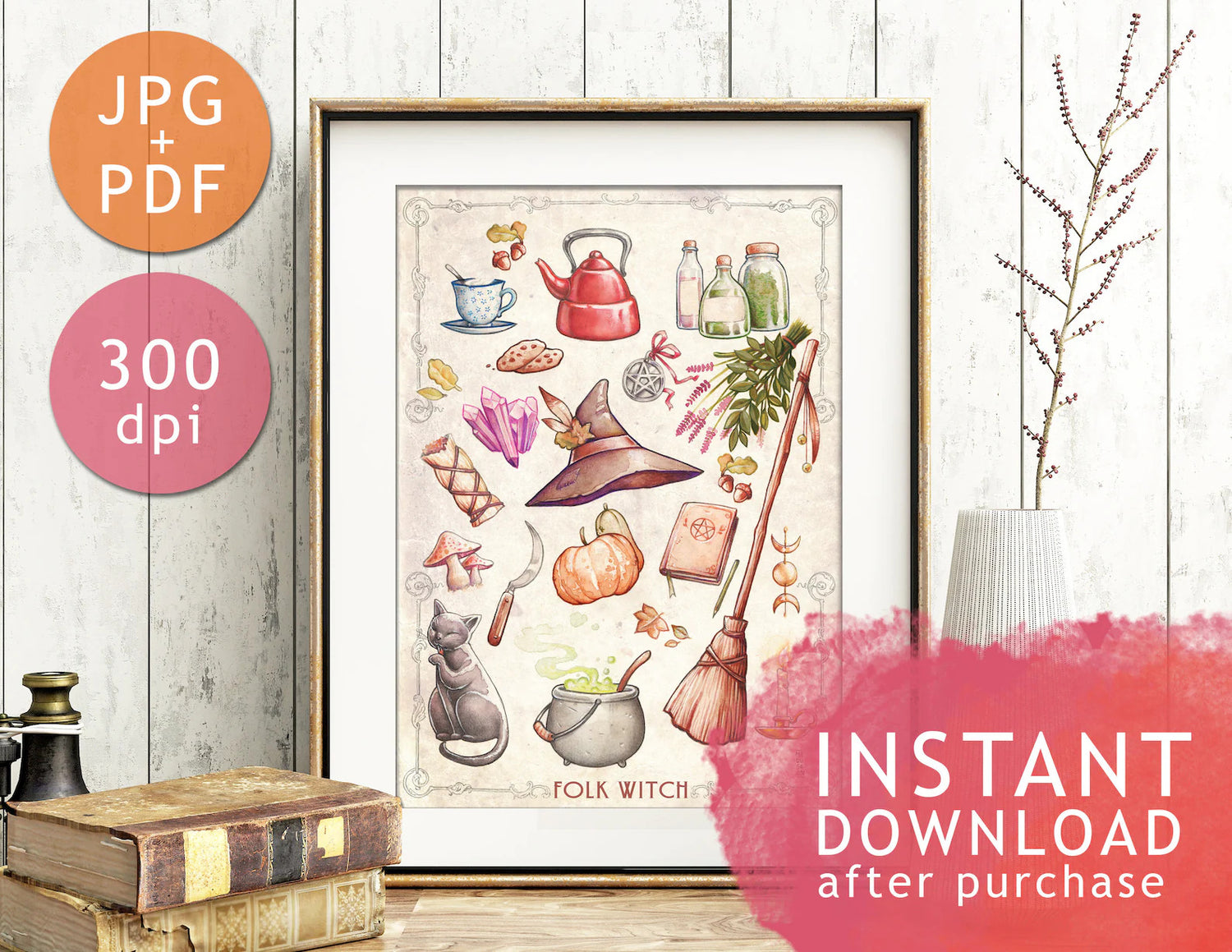 DIGITAL PRINTABLE - KITCHEN WITCH WATERCOLOR FOLK ELEMENTS + BONUS FILES - ORIGINAL BY MEDUSA DOLLMAKER