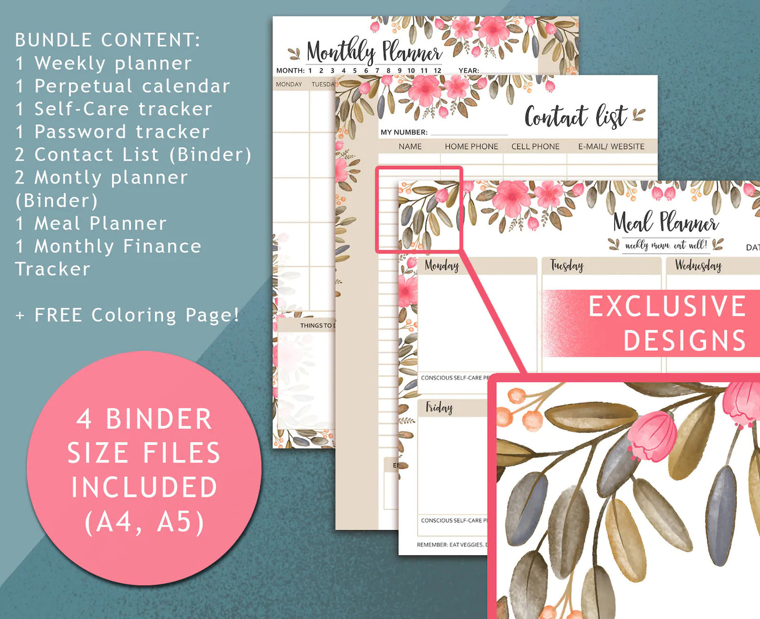 DIGITAL PLANNER BUNDLE  DIGITAL PRINTABLE TRACKERS COLORING PAGE original medusa dollmaker week self care flowers