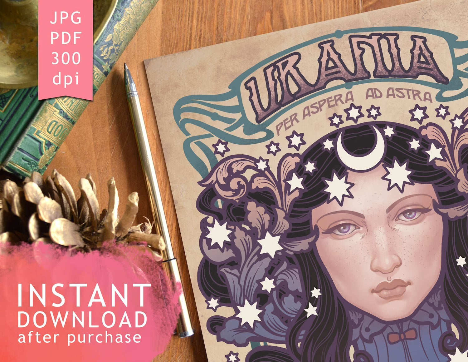 DIGITAL PRINTABLE - URANIA WATERCOLOR FOLK ELEMENTS + BONUS FILES - ORIGINAL BY MEDUSA DOLLMAKER