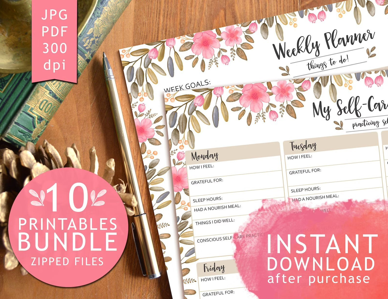 DIGITAL PLANNER BUNDLE  DIGITAL PRINTABLE TRACKERS COLORING PAGE original medusa dollmaker week self care flowers