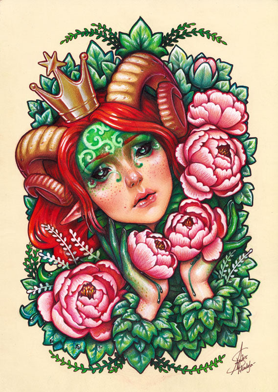 TITANIA STIGMATA ART PRINT FAERIE TALE FOLK TALE ROSES HORNS