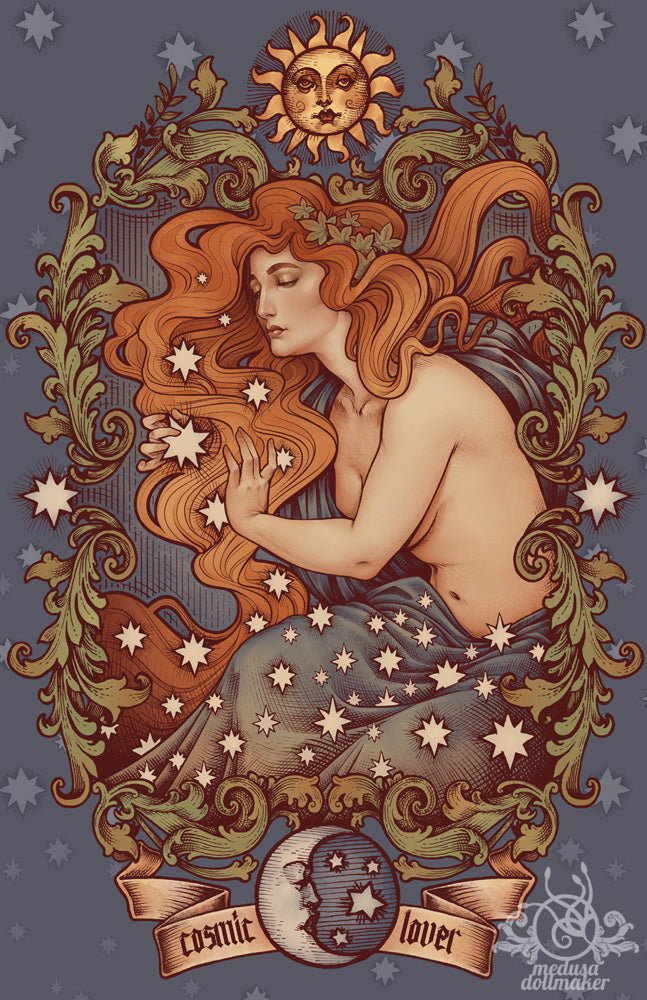 COSMIC LOVER Printed Framed Art original design medusa dollmaker redhair sun and stars astronomy love