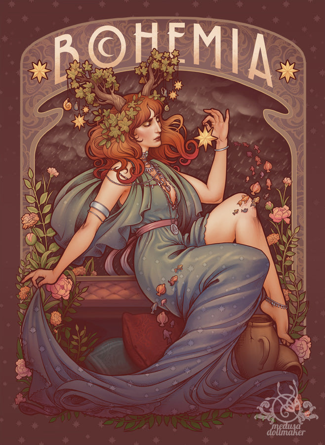 BOHEMIA Printed Framed Art print florence redhair goddess oman flower horns stars