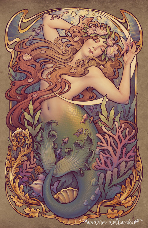 MERMAID MINI PRINT POSTCARD ORIGINAL MEDUSA DOLLMAKER REDHAIR SEA