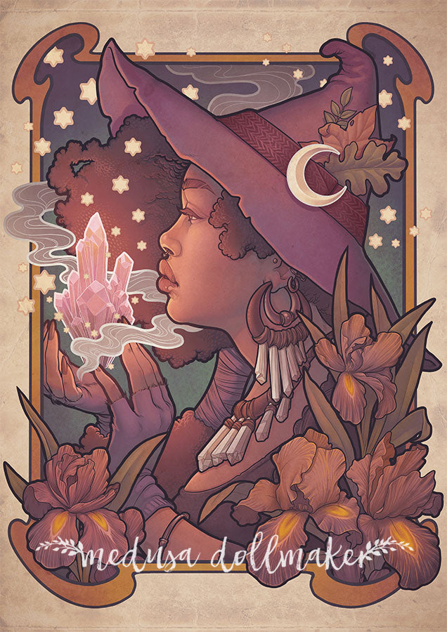 CRYSTAL WITCH Framed Art black witch moon hat purple magic flowers