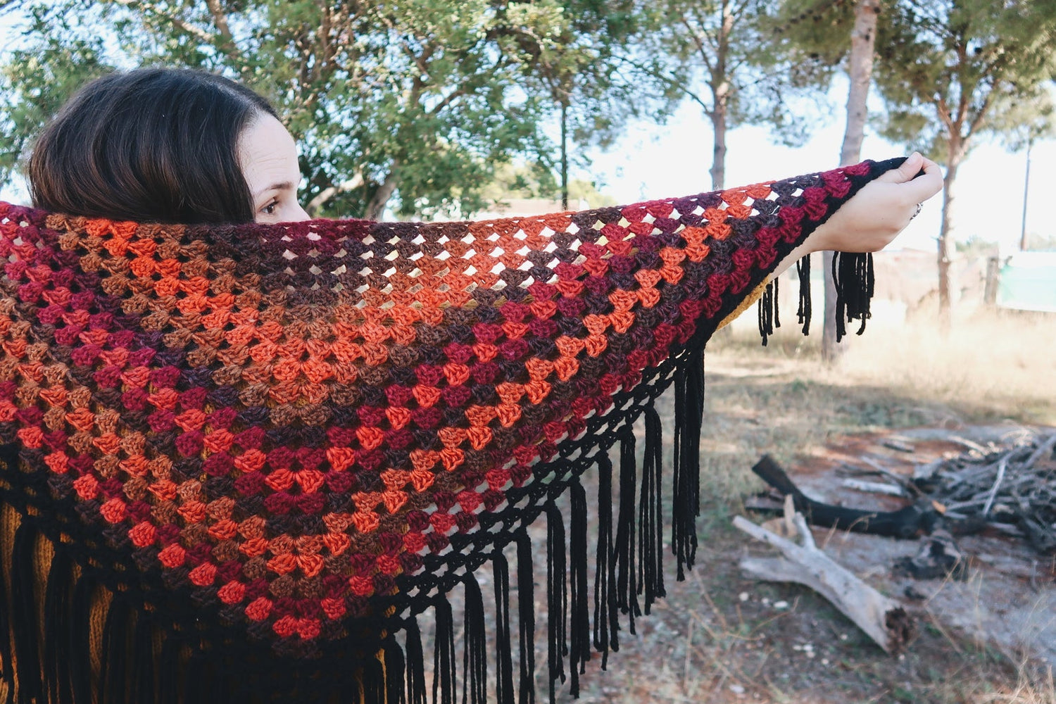 HANDMADE WITCH SHAWL RED BROWN BLACK CROCHET FOLK