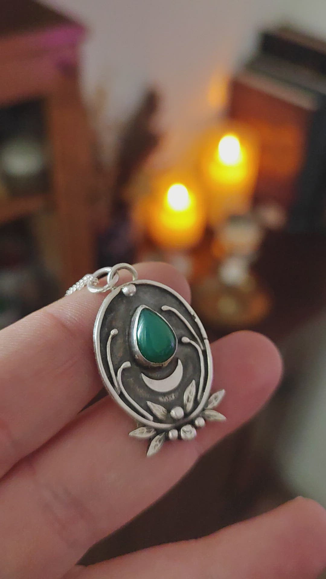 ONYX GREEN PENDANT FILIGREE TALISMAN STERLING SILVER MOON AMULET WITCH GEMSTONE