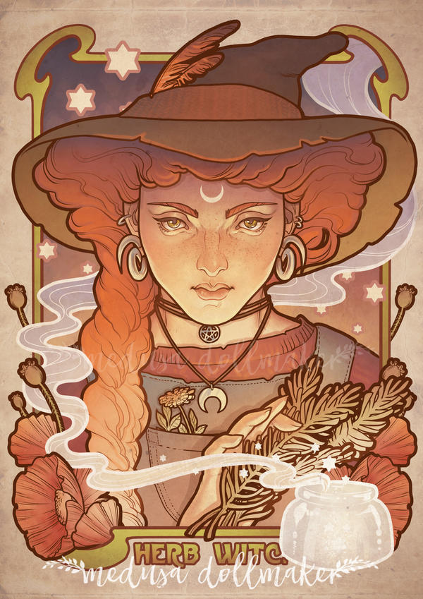 HERB WITCH Art Printed Framed PRIN NOUVEAU RED HAIR STARS SMOKE