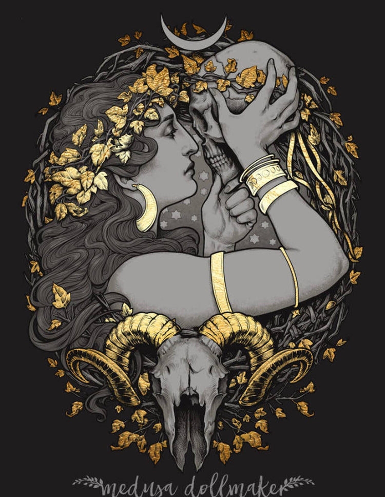 RAM WITCH Printed Framed Art BLACK AND GOLD MOON SKULL