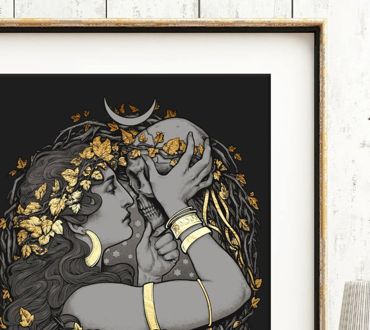 RAM WITCH Printed Framed Art BLACK AND GOLD MOON SKULL