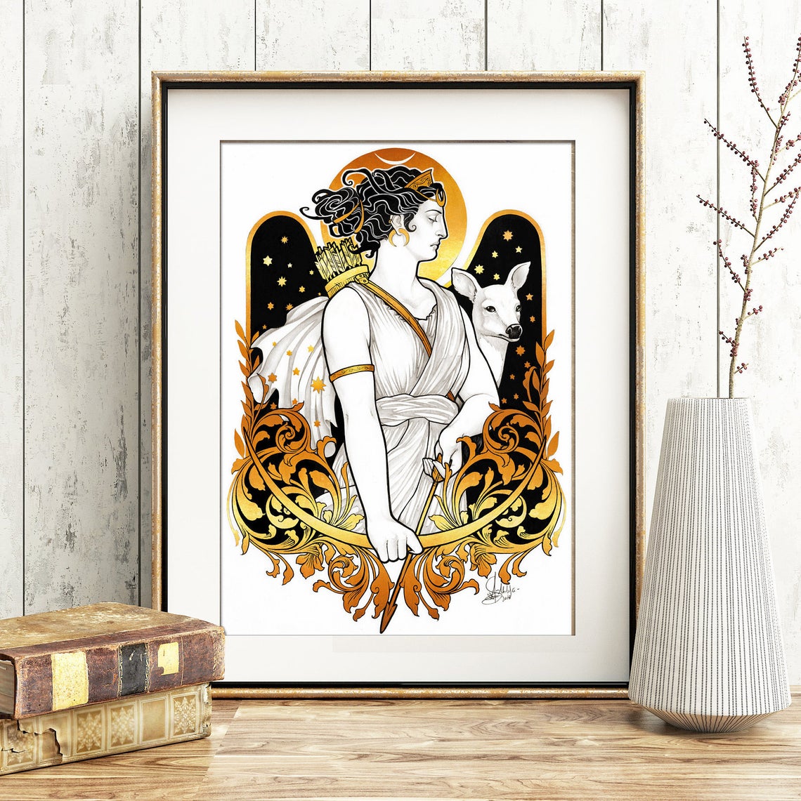 Artemis Goddess Printed Framed medusa dollmaker artemis diana diosa golden black and white print art print archery moon stars filigree art nouveau