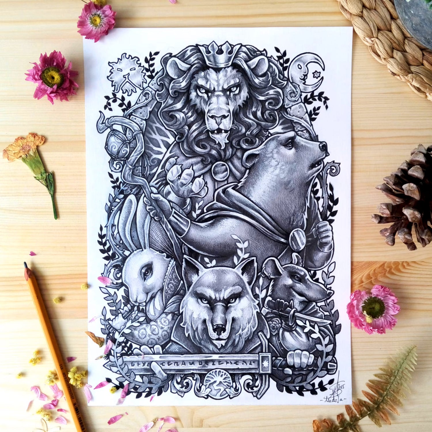original art Medusa dollmaker lion wolf rabbit animal charity