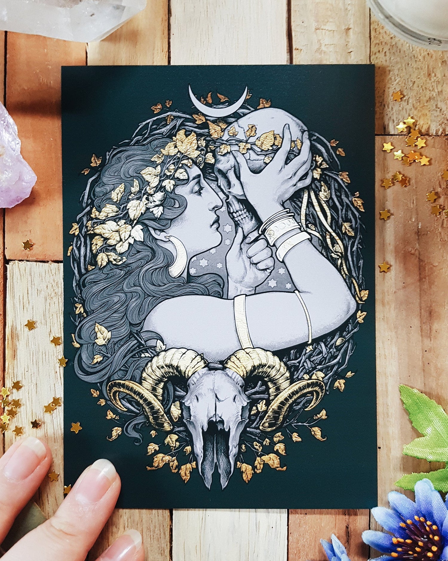 WITCH SKULL GOLDEN BLACK MOON FILIGREE POSTCARD