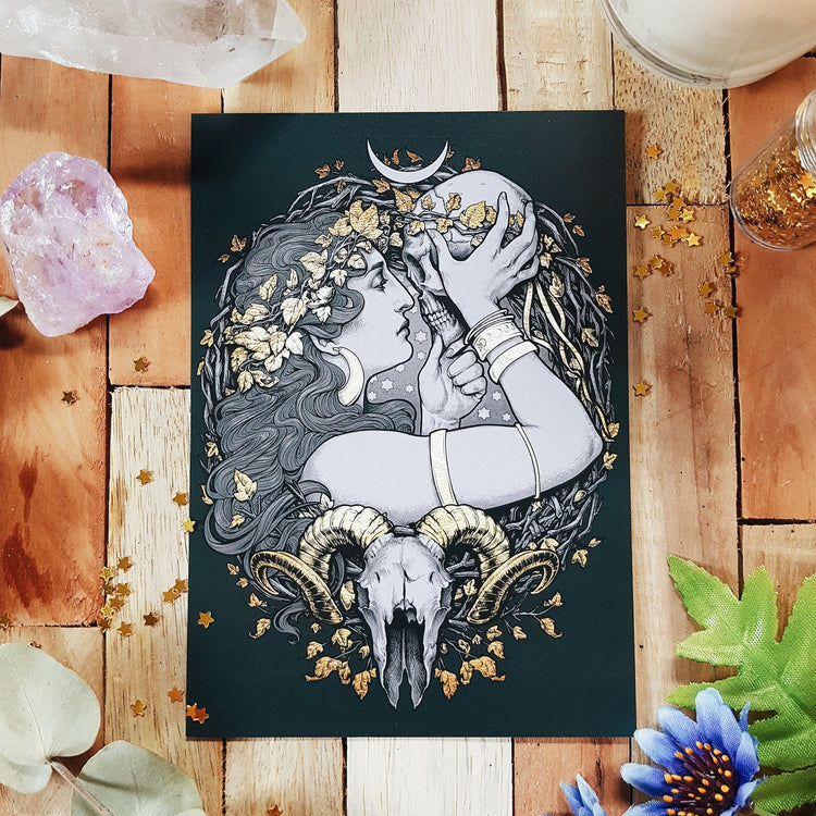 WITCH SKULL GOLDEN BLACK MOON FILIGREE POSTCARD