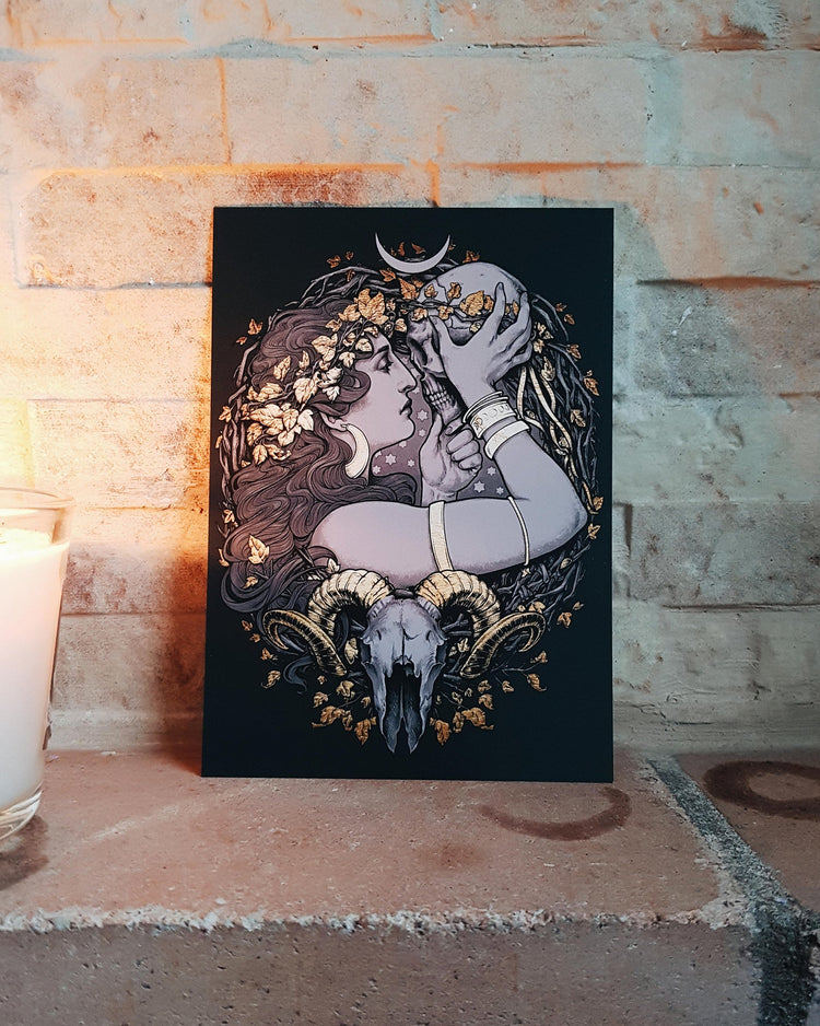 WITCH SKULL GOLDEN BLACK MOON FILIGREE POSTCARD