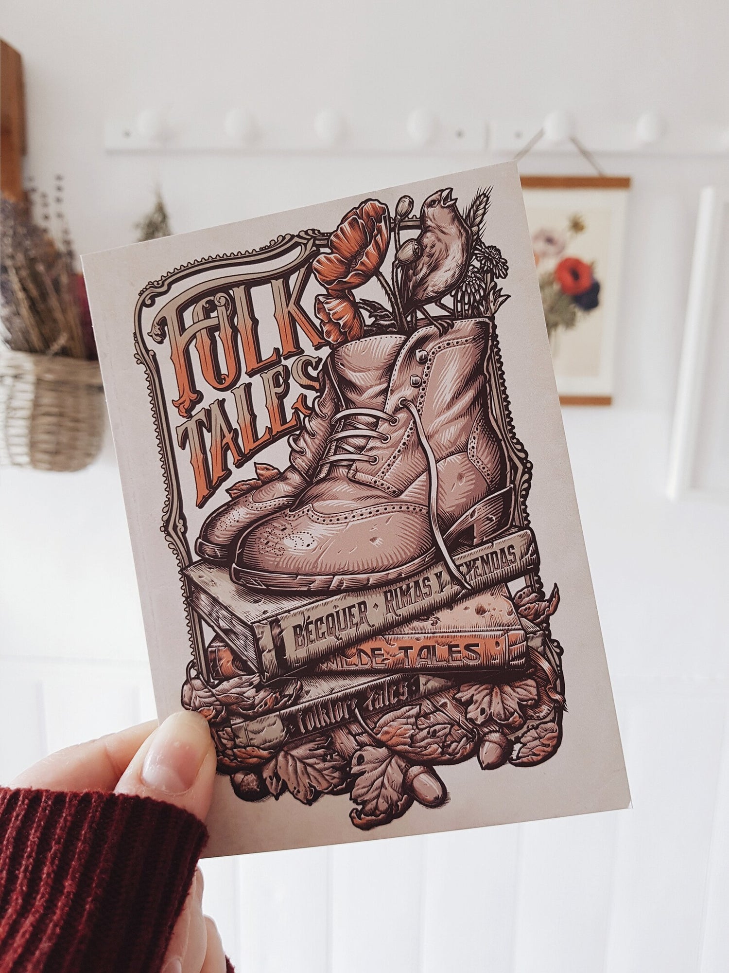 Folk TALES POSTCARD BOOTS WITCHES NATURAL FOLK  BOOKS POPPIES POSTCARD