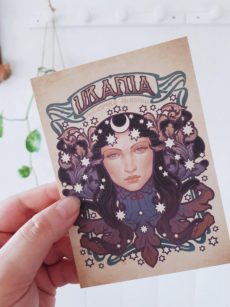 URANIA MUSE NYX Printed Framed Art BEIGE STARS MOON VIOLET POSTCARD