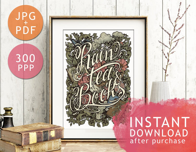 DIGITAL PRINTABLE - RAIN TEA BOOKS WATERCOLOR FOLK ELEMENTS + BONUS FILES - ORIGINAL BY MEDUSA DOLLMAKER