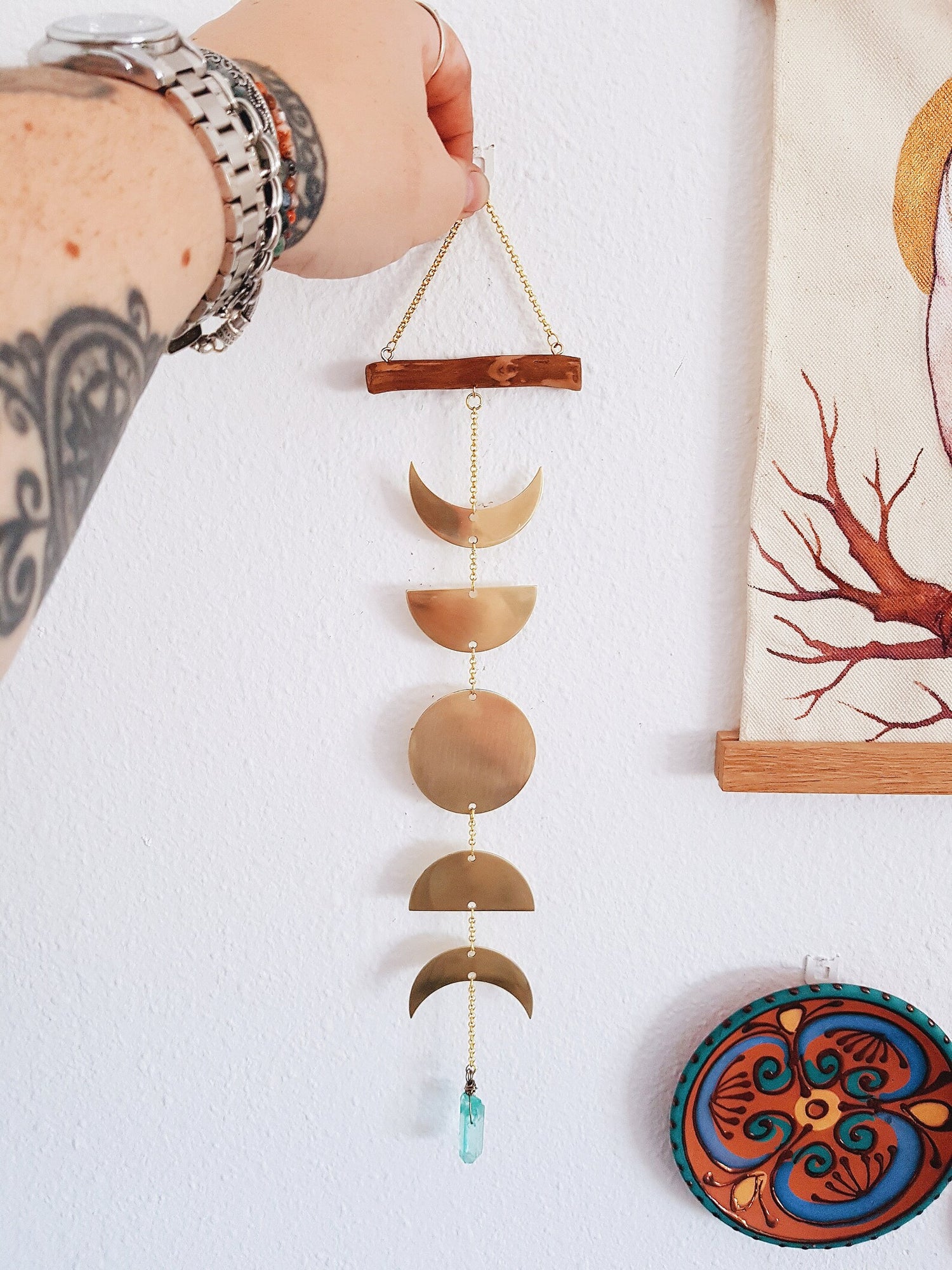 MOON PHASES BRASS WALL HANGIGN MINIMALIST GOLDEN HOME DECOR WALL ART  WITH WOOD MEDUSA DOLLMAKER
