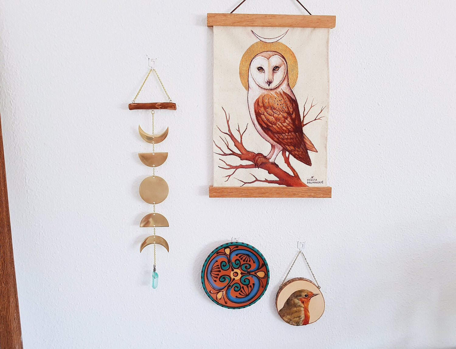 MOON PHASES BRASS WALL HANGIGN MINIMALIST GOLDEN HOME DECOR WALL ART  WITH WOOD MEDUSA DOLLMAKER