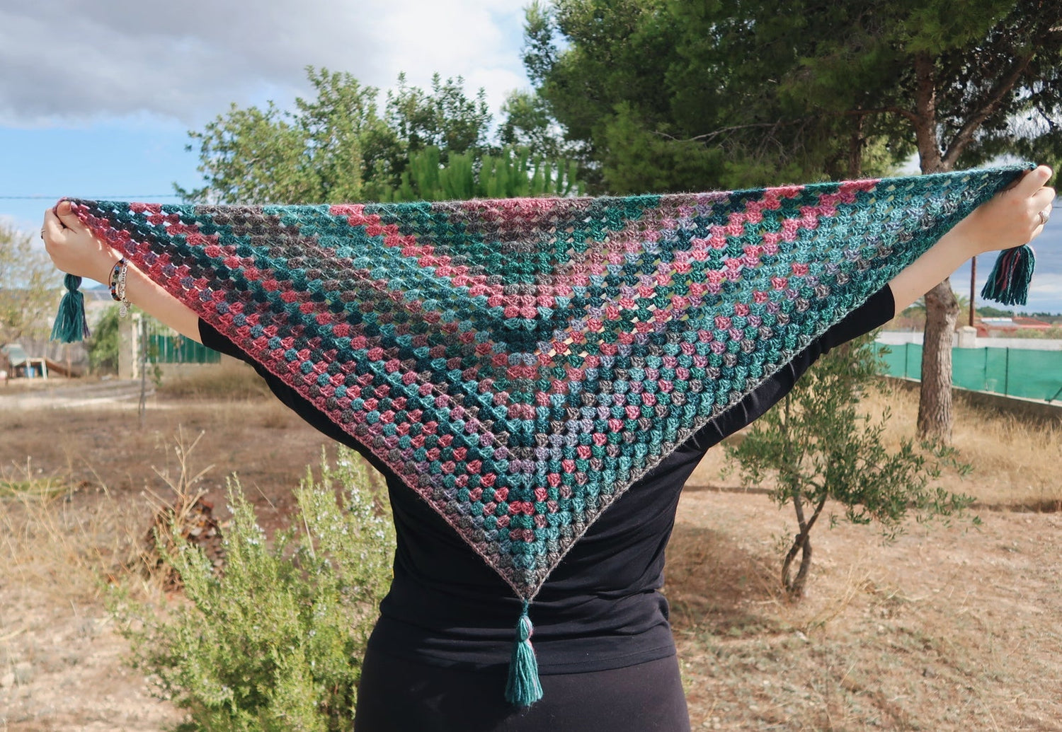 HANDMADE WITCH SHAWL BLUE PINK GREEN CROCHET FOLK
