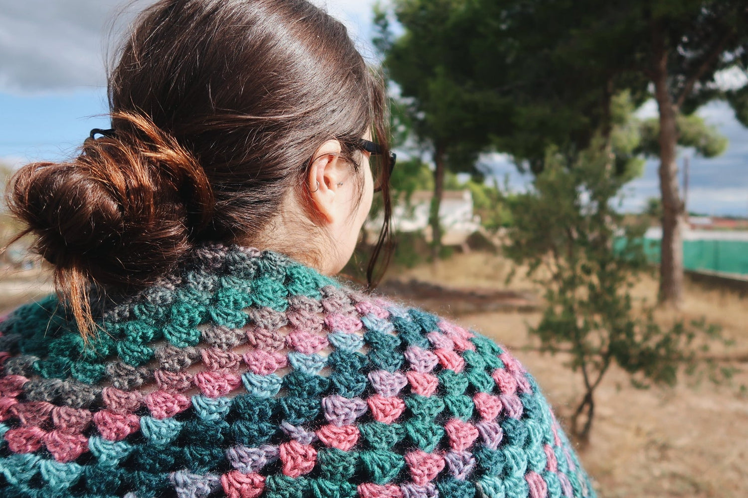 HANDMADE WITCH SHAWL BLUE PINK GREEN CROCHET FOLK