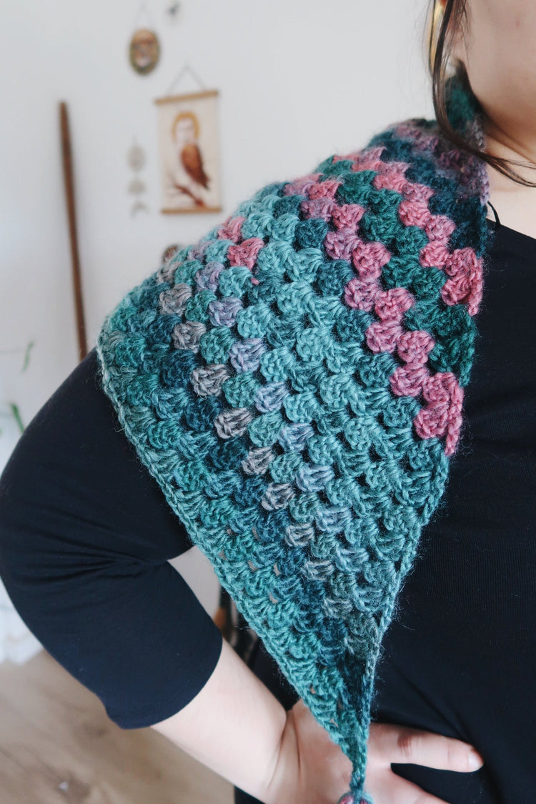 HANDMADE WITCH SHAWL BLUE PINK GREEN CROCHET FOLK