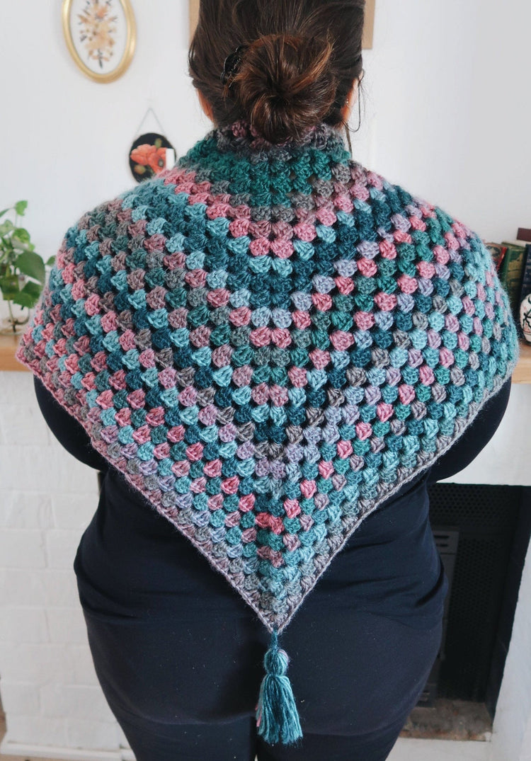 HANDMADE WITCH SHAWL BLUE PINK GREEN CROCHET FOLK