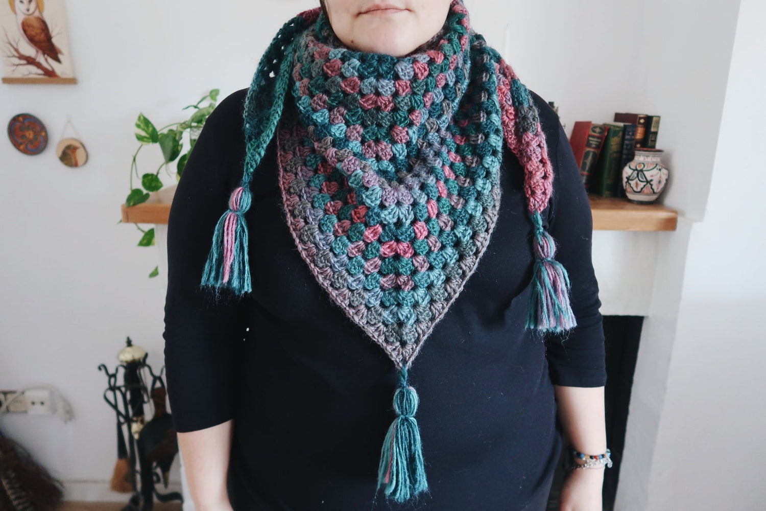 HANDMADE WITCH SHAWL BLUE PINK GREEN CROCHET FOLK