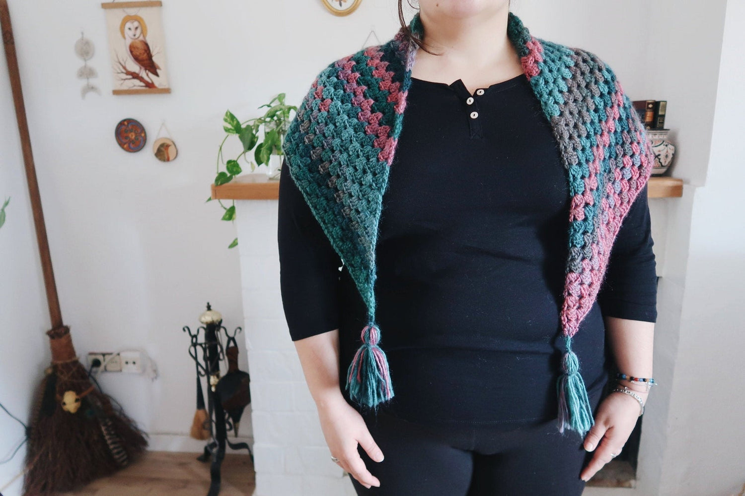 HANDMADE WITCH SHAWL BLUE PINK GREEN CROCHET FOLK