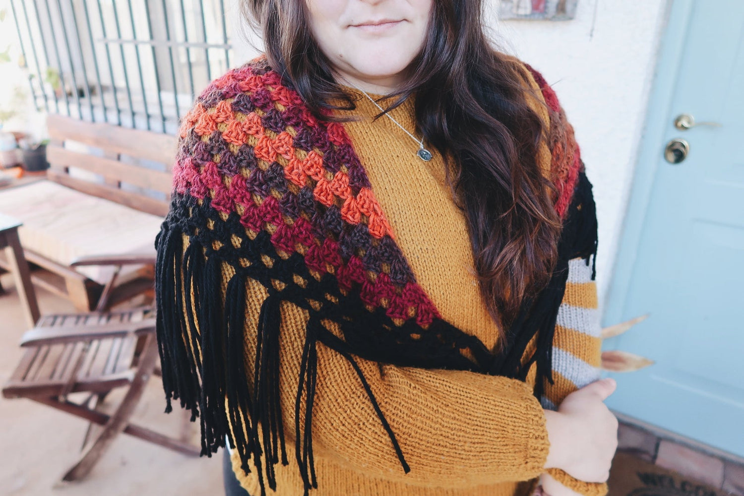 HANDMADE WITCH SHAWL RED BROWN BLACK CROCHET FOLK