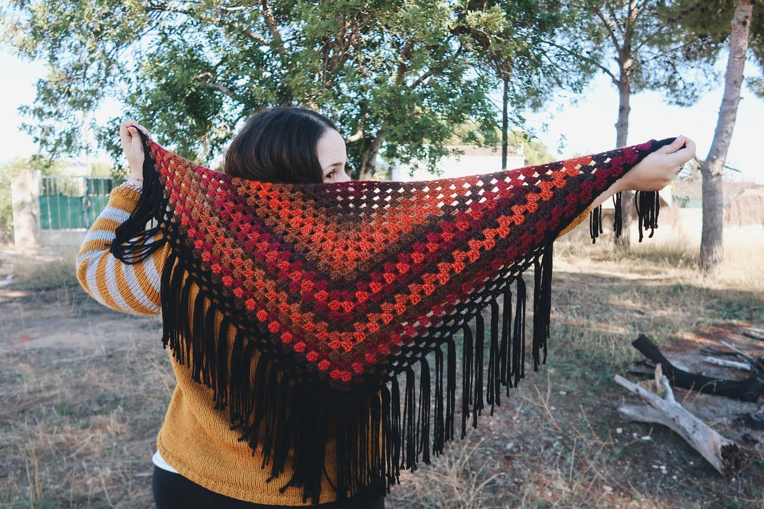 HANDMADE WITCH SHAWL RED BROWN BLACK CROCHET FOLK