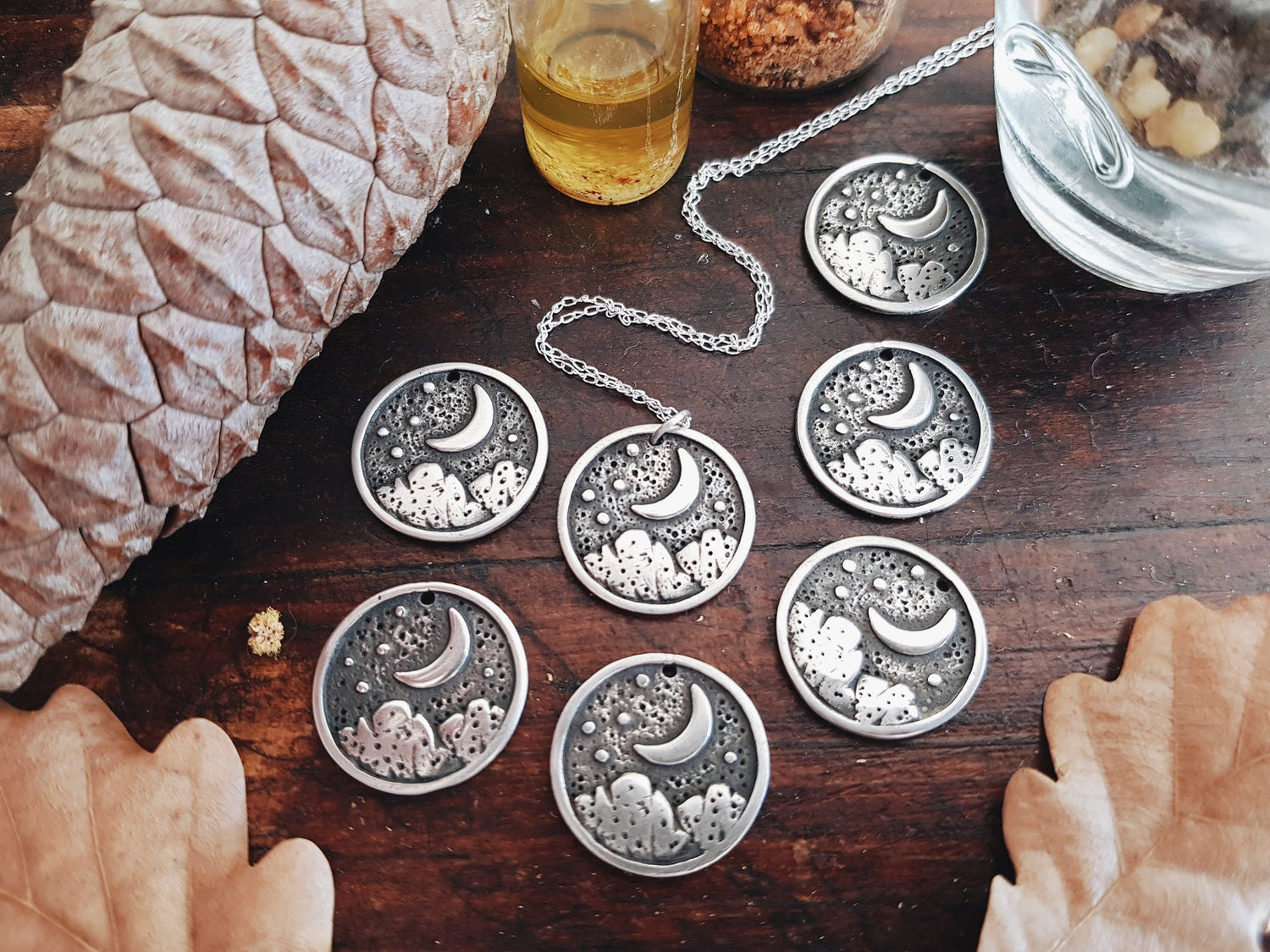 Starry Night Pendant Necklace WITCH TALISMAN MINIMALIST MOON STARS MOUNTAINS