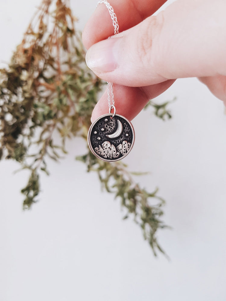 Starry Night Pendant Necklace WITCH TALISMAN MINIMALIST MOON STARS MOUNTAINS
