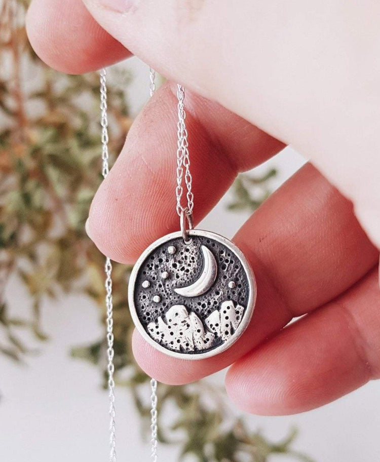 Starry Night Pendant Necklace WITCH TALISMAN MINIMALIST MOON STARS MOUNTAINS