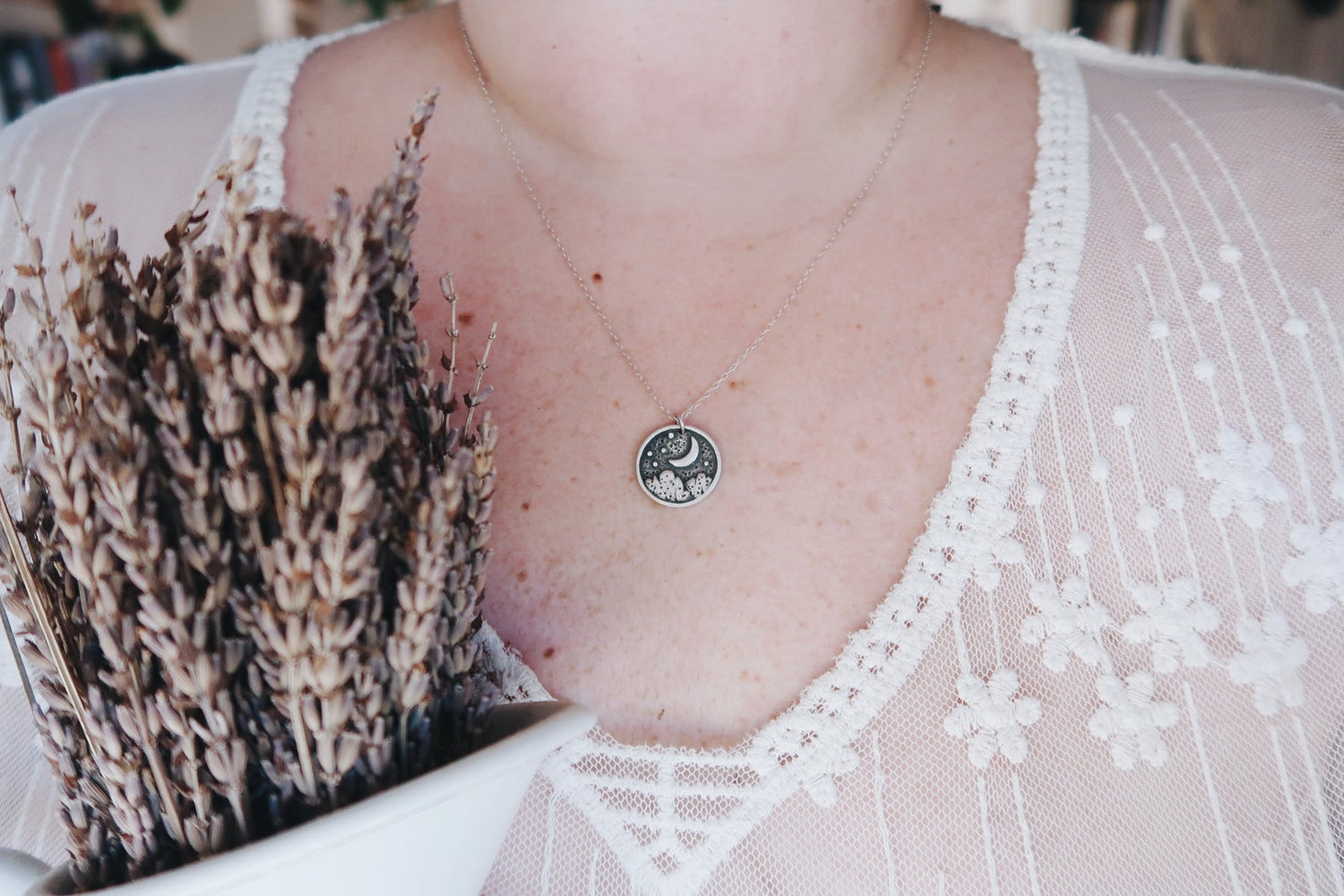Starry Night Pendant Necklace WITCH TALISMAN MINIMALIST MOON STARS MOUNTAINS