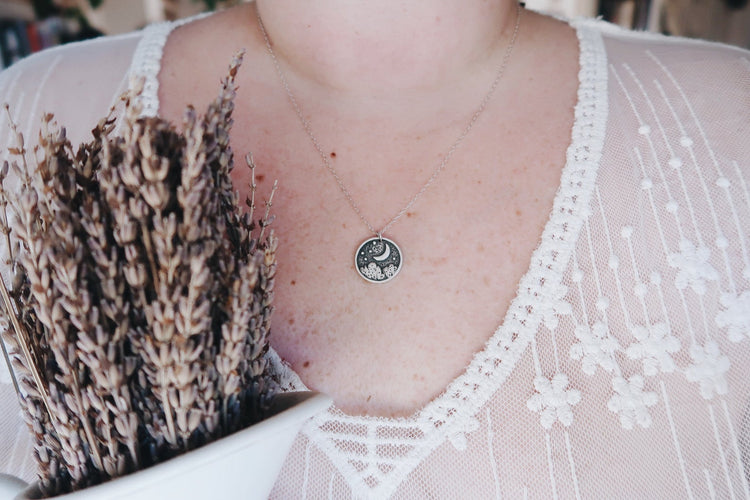 Starry Night Pendant Necklace WITCH TALISMAN MINIMALIST MOON STARS MOUNTAINS