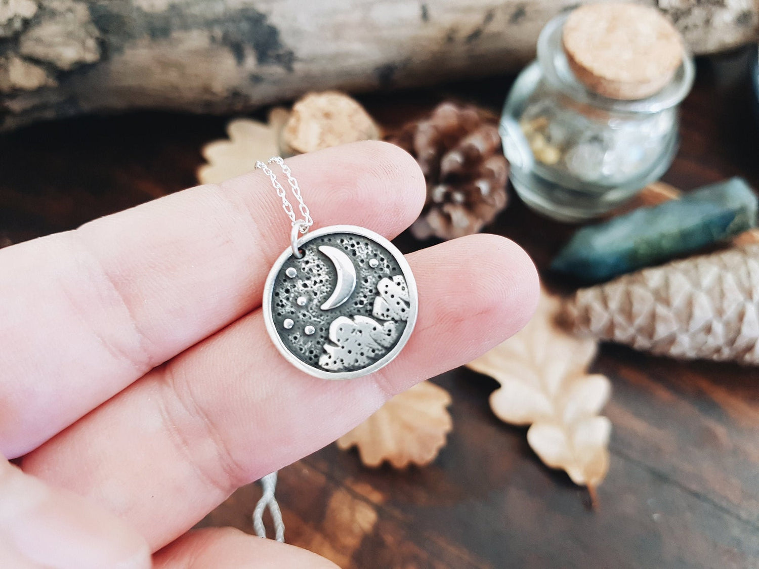 Starry Night Pendant Necklace WITCH TALISMAN MINIMALIST MOON STARS MOUNTAINS