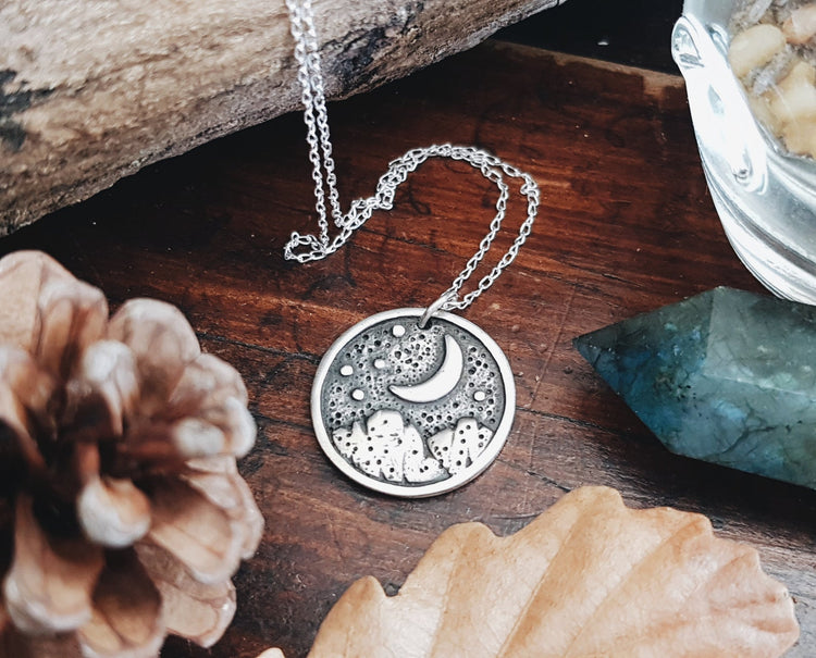 Starry Night Pendant Necklace WITCH TALISMAN MINIMALIST MOON STARS MOUNTAINS