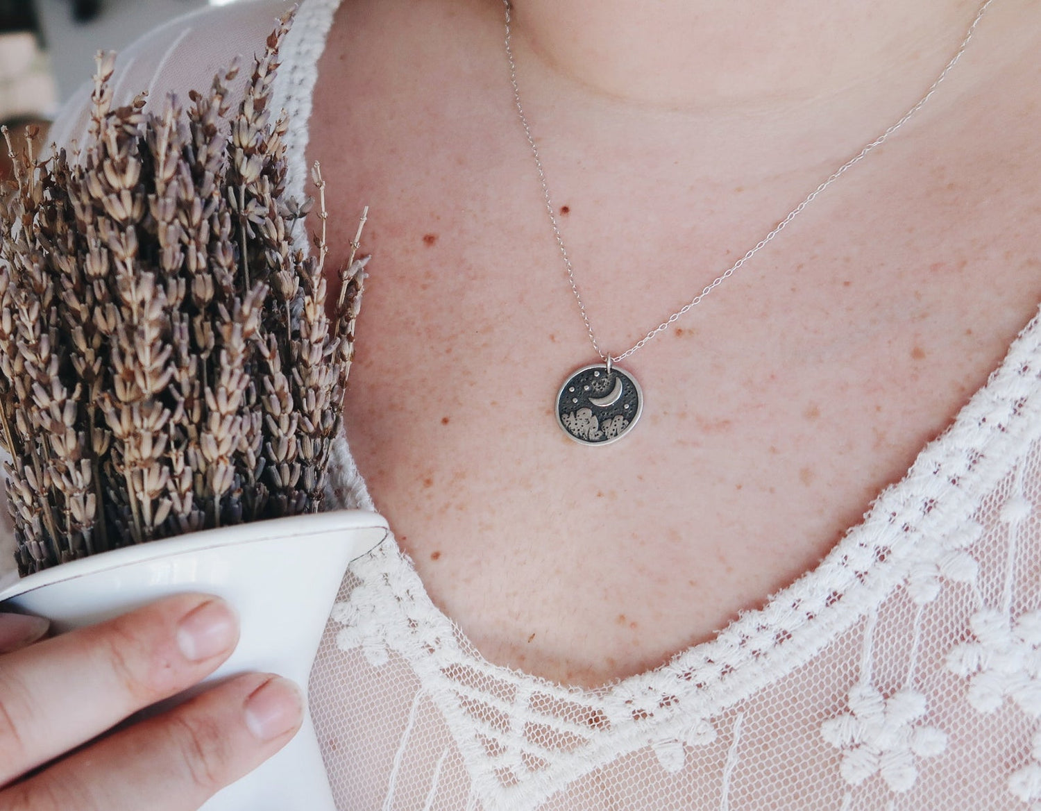 Starry Night Pendant Necklace WITCH TALISMAN MINIMALIST MOON STARS MOUNTAINS