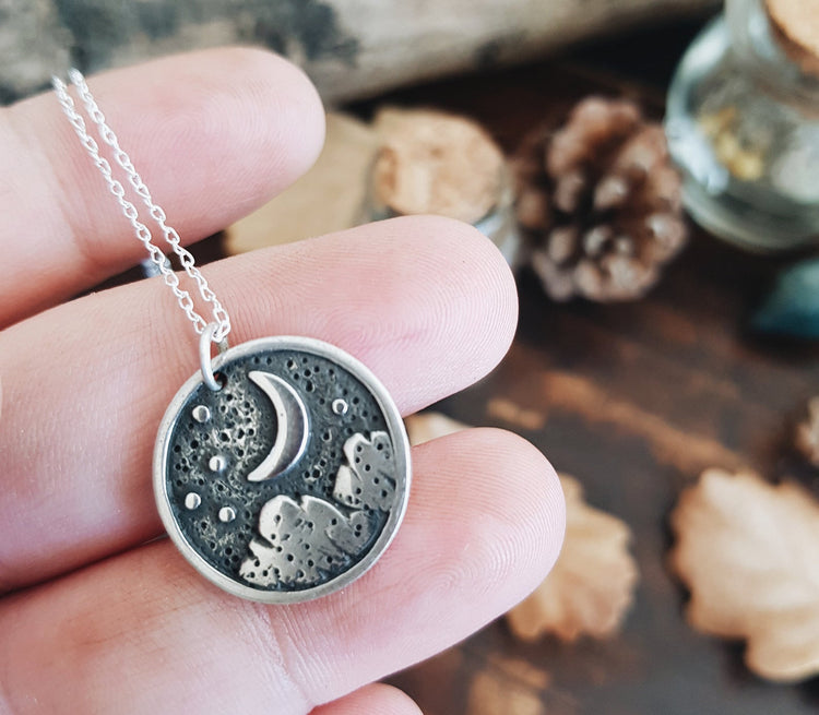 Starry Night Pendant Necklace WITCH TALISMAN MINIMALIST MOON STARS MOUNTAINS