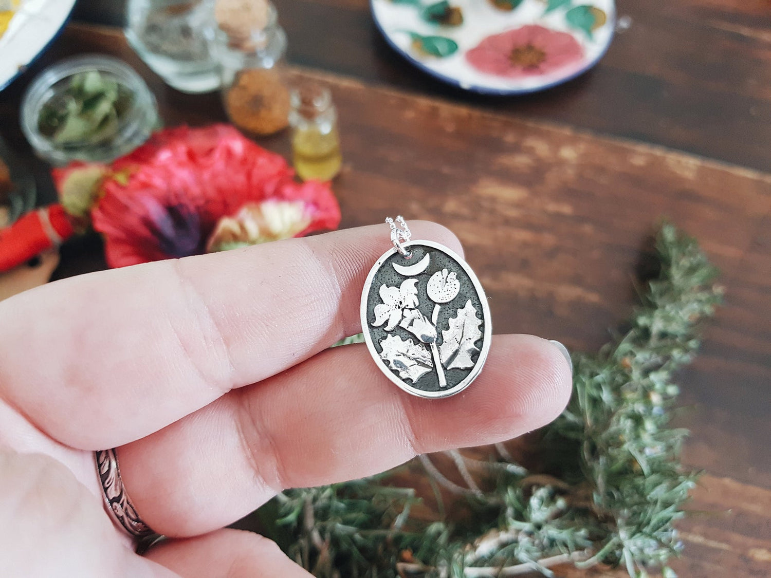 Silver Pendant Necklace Silver Pendant Necklace datura stramonium witch herb witchcraft pendant sterling silver 925 botanical stuff