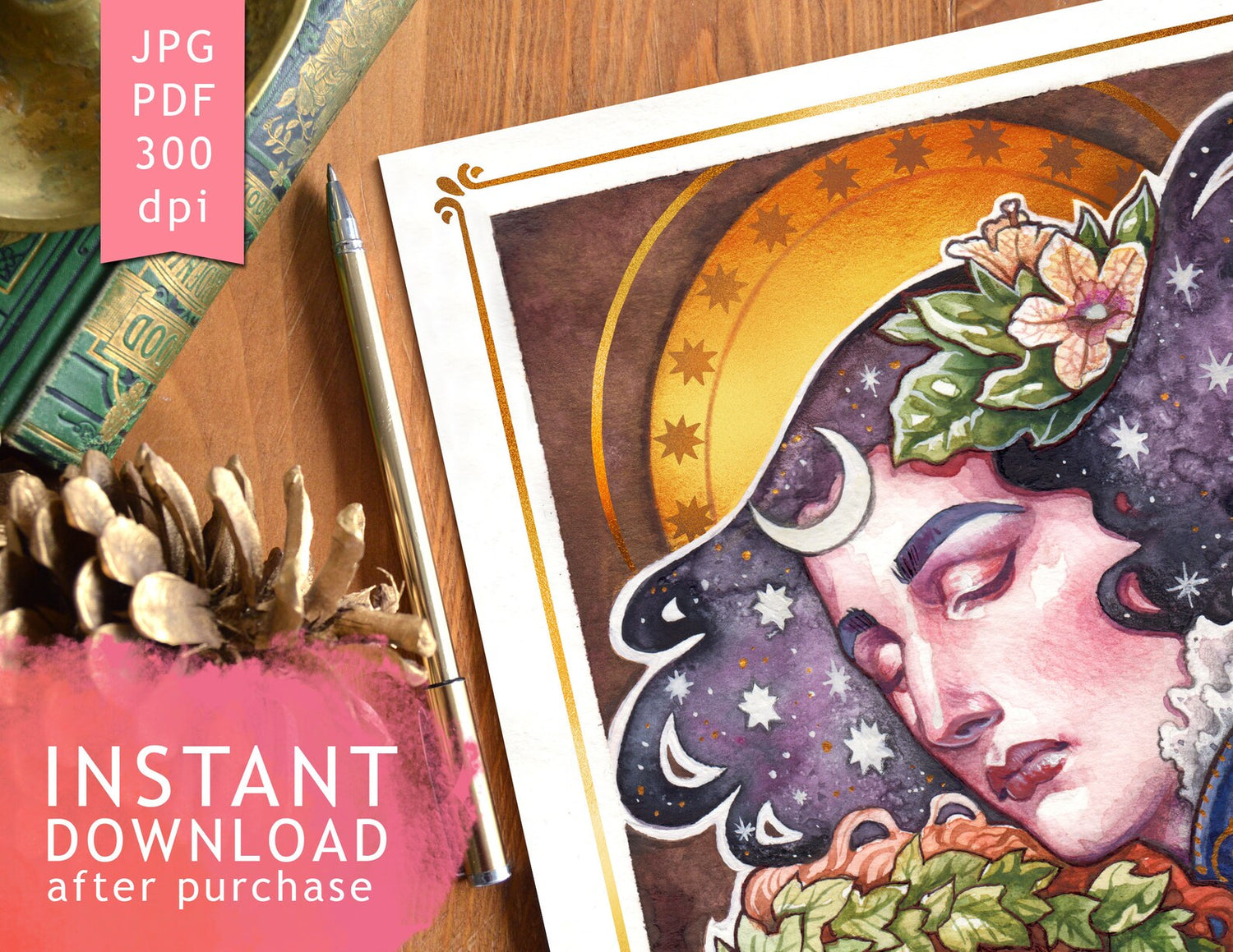 DIGITAL PRINTABLE - NIGHT MOTHER OF WITCHES WATERCOLOR FOLK ELEMENTS + BONUS FILES - ORIGINAL BY MEDUSA DOLLMAKER