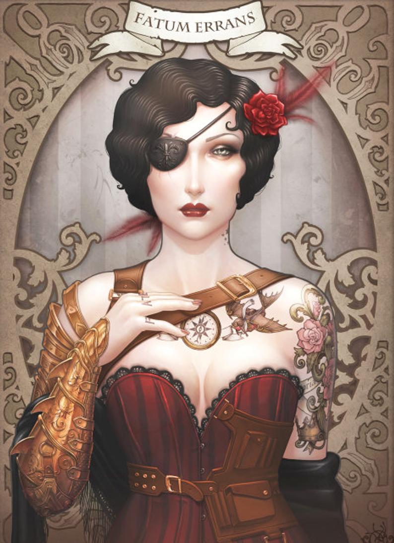 STEAMPUNK ART PRINT RED CORSET NOUVEAU PRINT