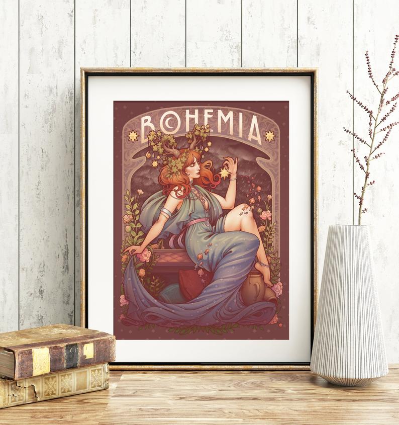 BOHEMIA Printed Framed Art print florence redhair goddess oman flower horns stars