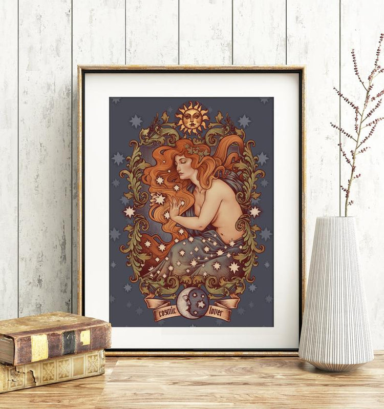 COSMIC LOVER Printed Framed Art original design medusa dollmaker redhair sun and stars astronomy love