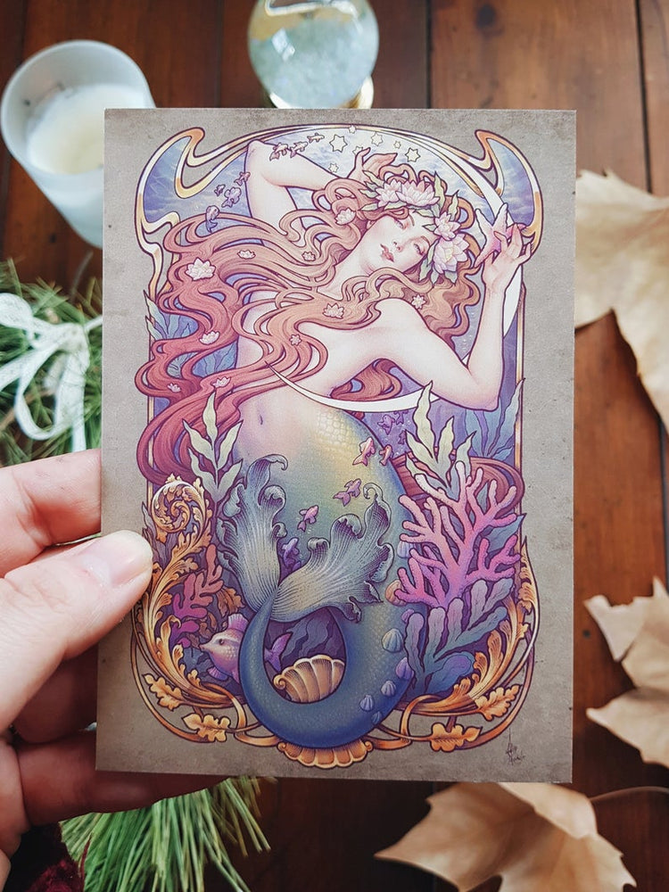 MERMAID MINI PRINT POSTCARD ORIGINAL MEDUSA DOLLMAKER REDHAIR SEA